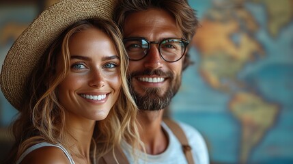 A smiling couple poses together in front of a world map, embodying joy and adventure.