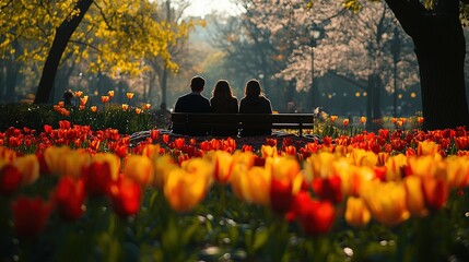 A serene park scene with three people sitting on a bench surrounded by vibrant tulips in bloom.