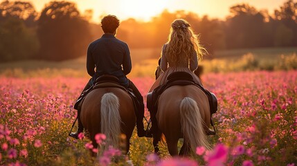 A couple riding horses through a vibrant flower field at sunset, enjoying a serene moment in nature.