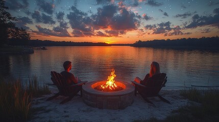 A serene lakeside sunset with a campfire, where two people relax and enjoy nature's beauty.