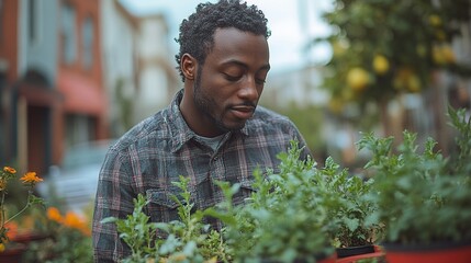A man admires plants in pots, surrounded by a vibrant urban setting, showcasing a connection to nature.