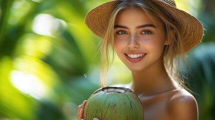 A smiling young woman holds a coconut, surrounded by lush greenery, conveying a tropical, carefree lifestyle.