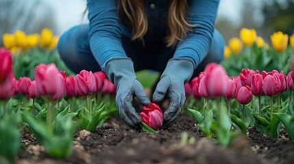 A person tending to pink tulips in a garden, showcasing care for plants and nature.