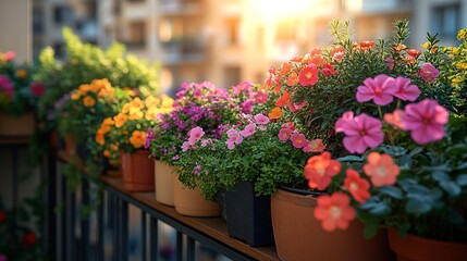 A vibrant balcony garden filled with colorful flowers in pots, basking in warm sunlight.