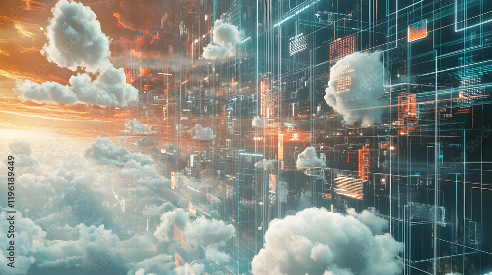 Poster a cloudscape filled with digital systems and remote access nodes – visualizing 