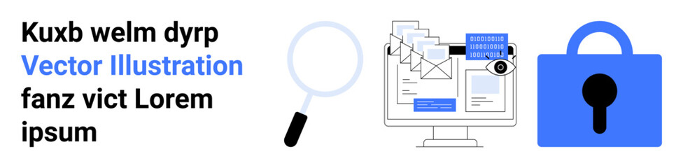 Magnifying glass, computer screen with emails, and lock symbol representing data security. Ideal for technology, cybersecurity, data protection, online safety, encryption, IT services, and digital