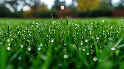 A close-up view of dew-covered grass, highlighting nature's beauty and tranquility.
