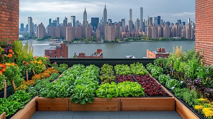 A rooftop garden with various plants and vegetables overlooking a city skyline.