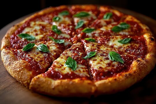 Pizza Margherita: "Imagine a hot, cheesy pizza coming out of the oven! The pizza has a thin crust and is topped with tomato sauce, melted mozzarella cheese, and fresh basil leaves. 
