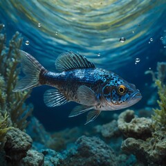 Fototapeta premium Aqua Harmony: The Devils Hole Pup fish in a One-of-a-Kind Blue Environment