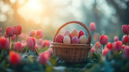 A woven basket filled with colorful Easter eggs surrounded by blooming tulips in a serene outdoor setting.
