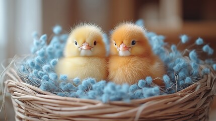 Two fluffy chicks nestled in a cozy nest surrounded by blue decorative flowers.