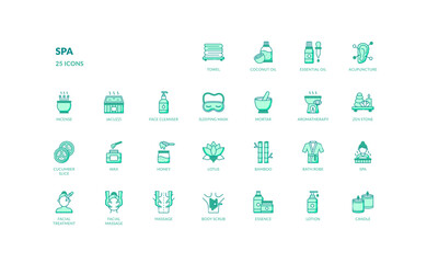 Fototapeta premium spa beauty treatment woman meditation green filled line icon set