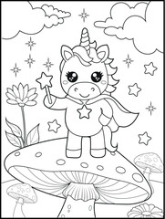 Superhero Unicorn Coloring Page for Kids. A Fun and Printable Black and White Activity Sheet for Kindergarten.
