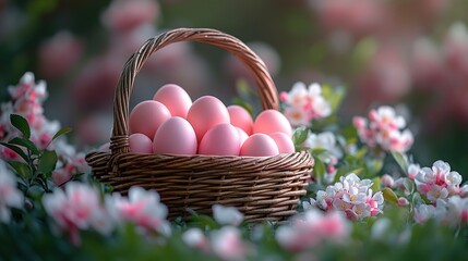 A woven basket filled with pink eggs surrounded by blooming flowers, evoking a springtime or festive atmosphere.
