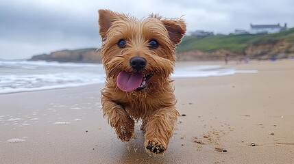 A happy dog runs along a sandy beach, enjoying the waves and the outdoors.