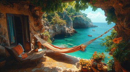 A serene coastal scene featuring a hammock, vibrant plants, and a view of turquoise waters and rocky cliffs.