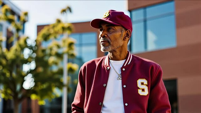 old man sporting a stylish varsity jacket against a modern university campus background