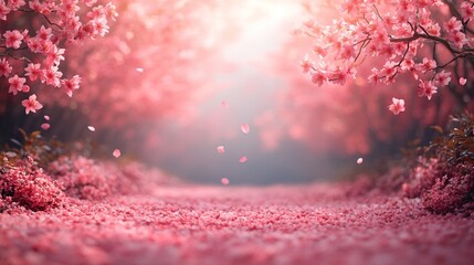 A serene path lined with blooming cherry blossoms, creating a tranquil and picturesque spring landscape.