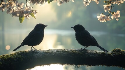 Two silhouetted birds perched on a mossy branch, surrounded by soft light and blooming flowers near a tranquil water surface.