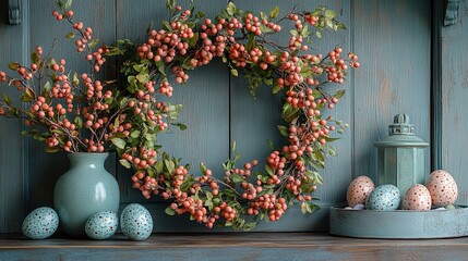 A decorative spring scene featuring a berry wreath, pastel eggs, and a lantern, evoking a festive atmosphere.