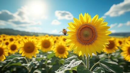 A vibrant sunflower field with a bee hovering near a flower, showcasing nature's beauty and pollination.
