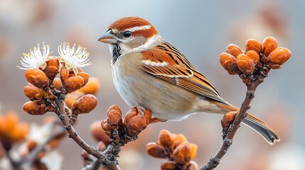 A colorful bird perched on a branch adorned with blossoms and buds, showcasing nature's beauty.