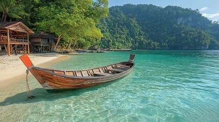 A serene beach scene featuring a wooden boat anchored in clear turquoise waters, surrounded by lush greenery and hills.