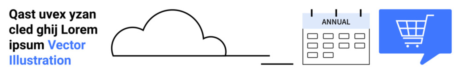 Cloud storage icon, calendar with annual text, and shopping cart symbol. Ideal for cloud services, storage solutions, e-commerce, online shopping, subscriptions, annual plans, digital transactions