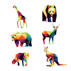 Wild Animal Set in Colorful Polygonal low poly. Colorful abstract Icon Vector. giraffe panda bear deer fox kangaroo in colorful low poly © ADITYA FIRMAN
