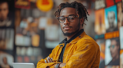 Obraz premium A job seeker researching cover letter tips on a laptop surrounded by motivational posters