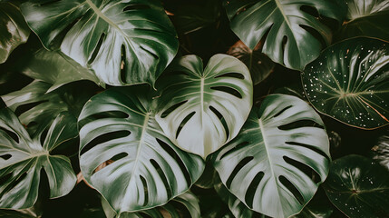 Fototapeta premium Lush Green Monstera Deliciosa Leaves Background, swiss cheese plant, philodendron, tropical leaves, green leaves, foliage