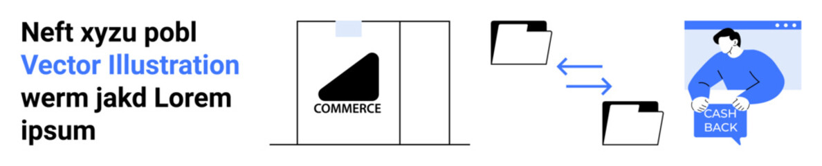 Folders exchanging data, user with BACKUP icon. Ideal for e-commerce, data transfer, cloud storage, software interface, digital marketing, file management, user tutorials. Landing page