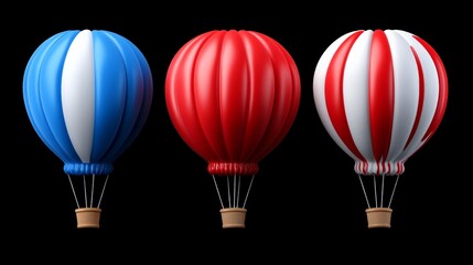 Colorful Hot Air Balloons: Three vibrant hot air balloons, each with a distinct color combination, are poised against a black background, ready to take flight.  