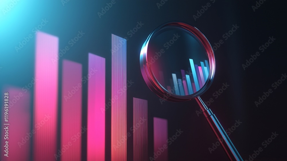 Poster magnifying glass over bar chart for data analysis and insights