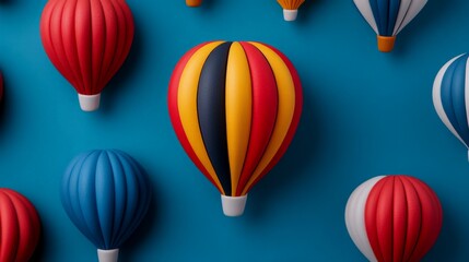Hot Air Balloons Adventure: A vibrant collection of miniature hot air balloons in red, blue, and yellow, set against a bold blue background.  One balloon stands out in the center.