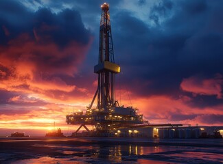 Obraz premium oil and gas drilling rig at dusk with a beautiful sky