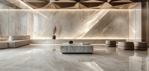 Opulent living room's polished marble and geometric design softly lit for elegance.