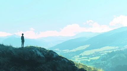Naklejka premium Person Standing on Hill Overlooking Beautiful Valleys and Mountains