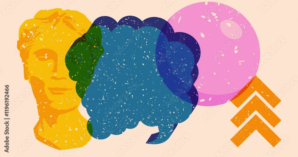 Poster risograph head statue and speech bubble with geometric shapes animation. moving object in trendy ris
