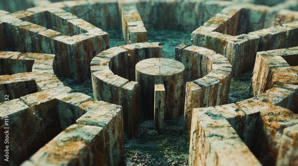 Poster intricate labyrinth design with a marked exit point for navigation