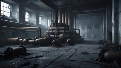 The interior of a machine hall at an empty abandoned industrial area