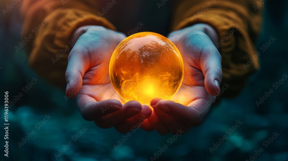 Poster hands holding a glowing orb in an editorial style scene