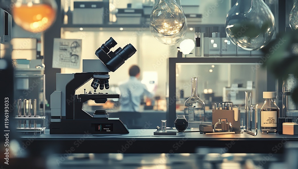 Poster microscope analysis: examining specimens with lab equipment in a scientific setting
