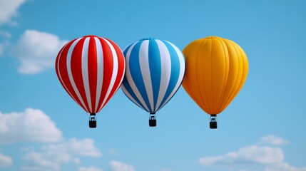 Fototapeta premium Hot Air Balloon Trio: Three vibrant hot air balloons—red and white striped, blue and white striped, and solid yellow—drift serenely against a clear blue sky dotted with fluffy white clouds.