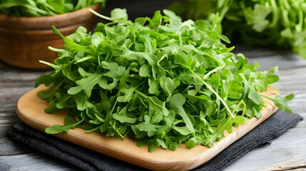 Fresh Arugula on Wooden Cutting Board, rocket salad, salad greens, fresh herbs, healthy food, organic food