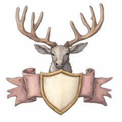 Majestic Deer Crest with Blank Shield and Ribbon, stag, buck, antlers, animal, wildlife