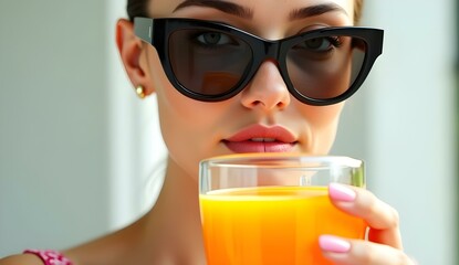 The young woman, adorned in a wide-brimmed hat and sunglasses, smiles as she sips a colorful tropical drink, surrounded by a bright, cheerful atmosphere 