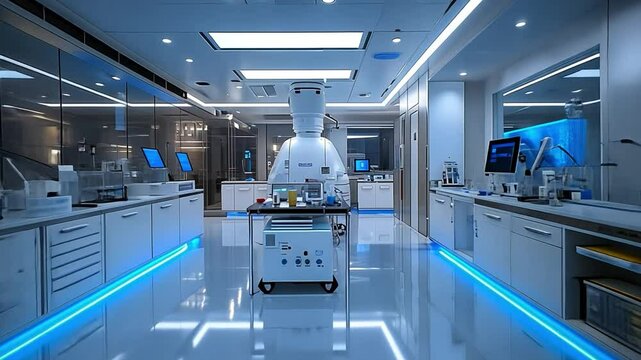 High-Tech Medical Lab: A futuristic medical laboratory with sleek, minimalist design features high-tech equipment and a robotic assistant, creating an atmosphere of innovation, precision.