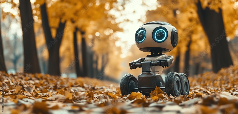 Poster autumnal robot ride: exploring fall foliage with smart machines on an all-terrain vehicle in a pictu